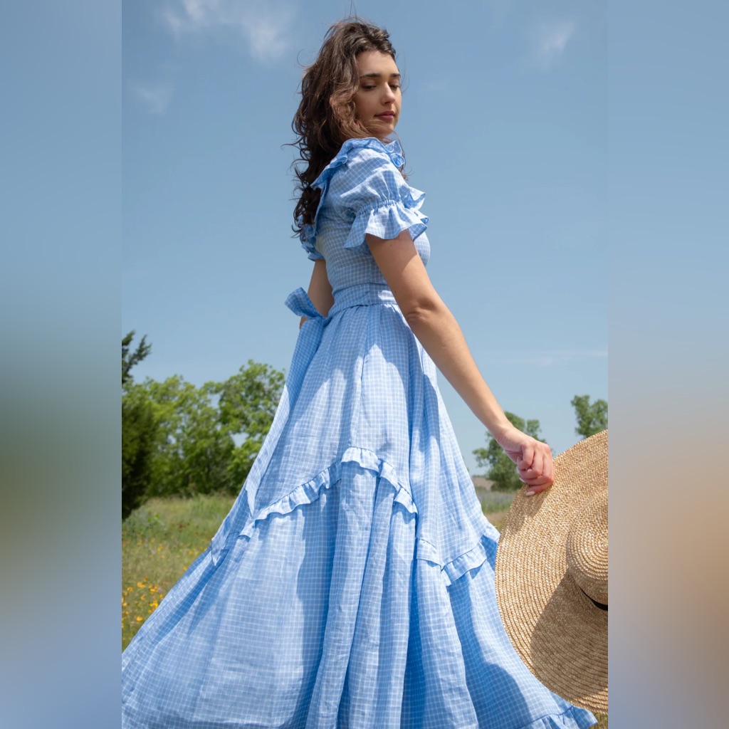 Blue Gingham Midi Dress With Ruffle Trim — image 3 of 6